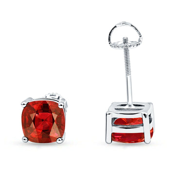 Solitaire Screw Back Stud Earring Excellent Cushion Cut Simulated Garnet CZ Solid 925 Sterling Silver